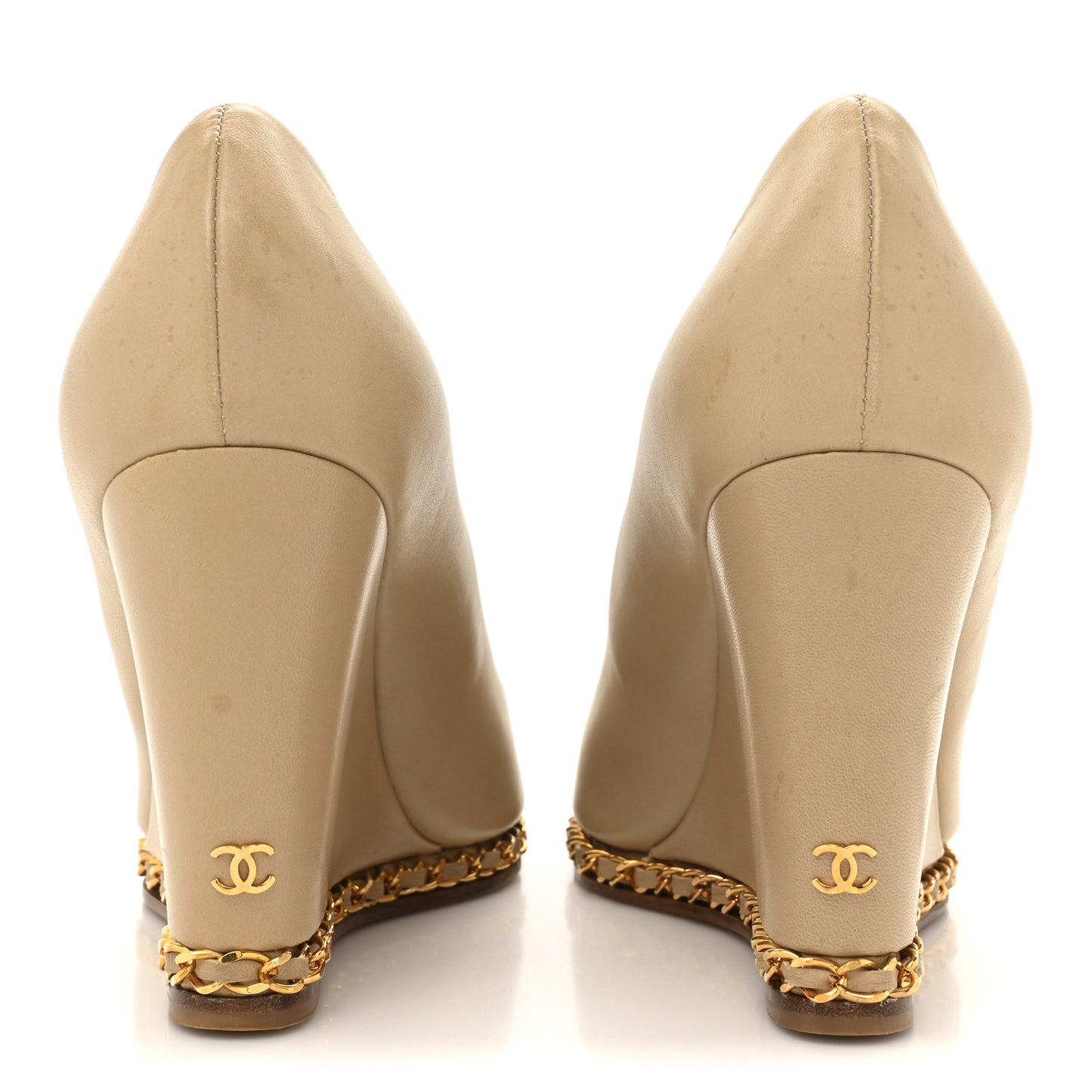 Calfskin Chain Peep Toe Wedge Pumps 39 Beige