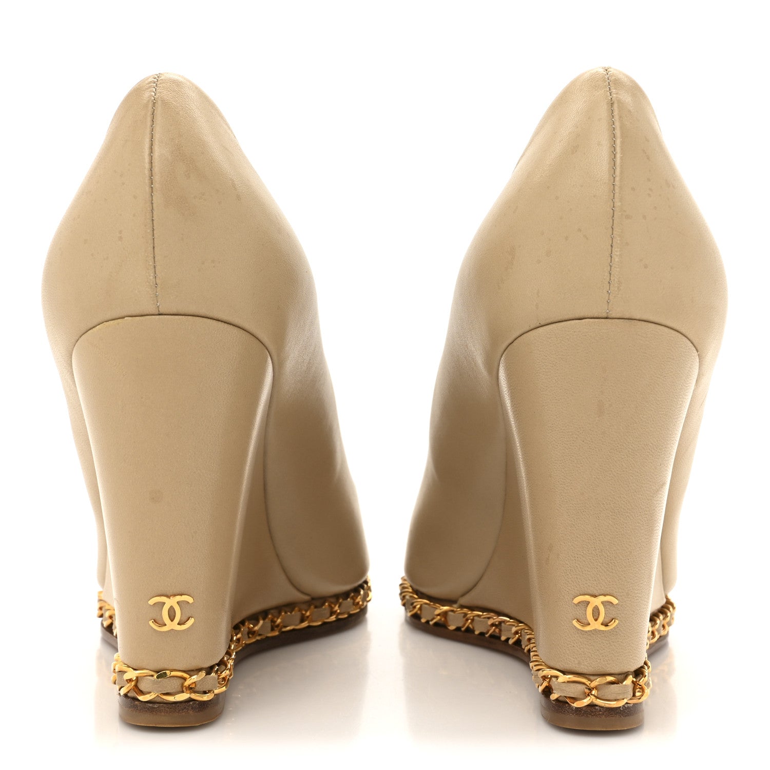 Chanel Calfskin Chain Peep Toe Wedge Pumps 39 Beige 5 of 19