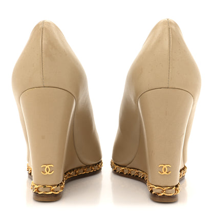 Chanel Calfskin Chain Peep Toe Wedge Pumps 39 Beige 5 of 19