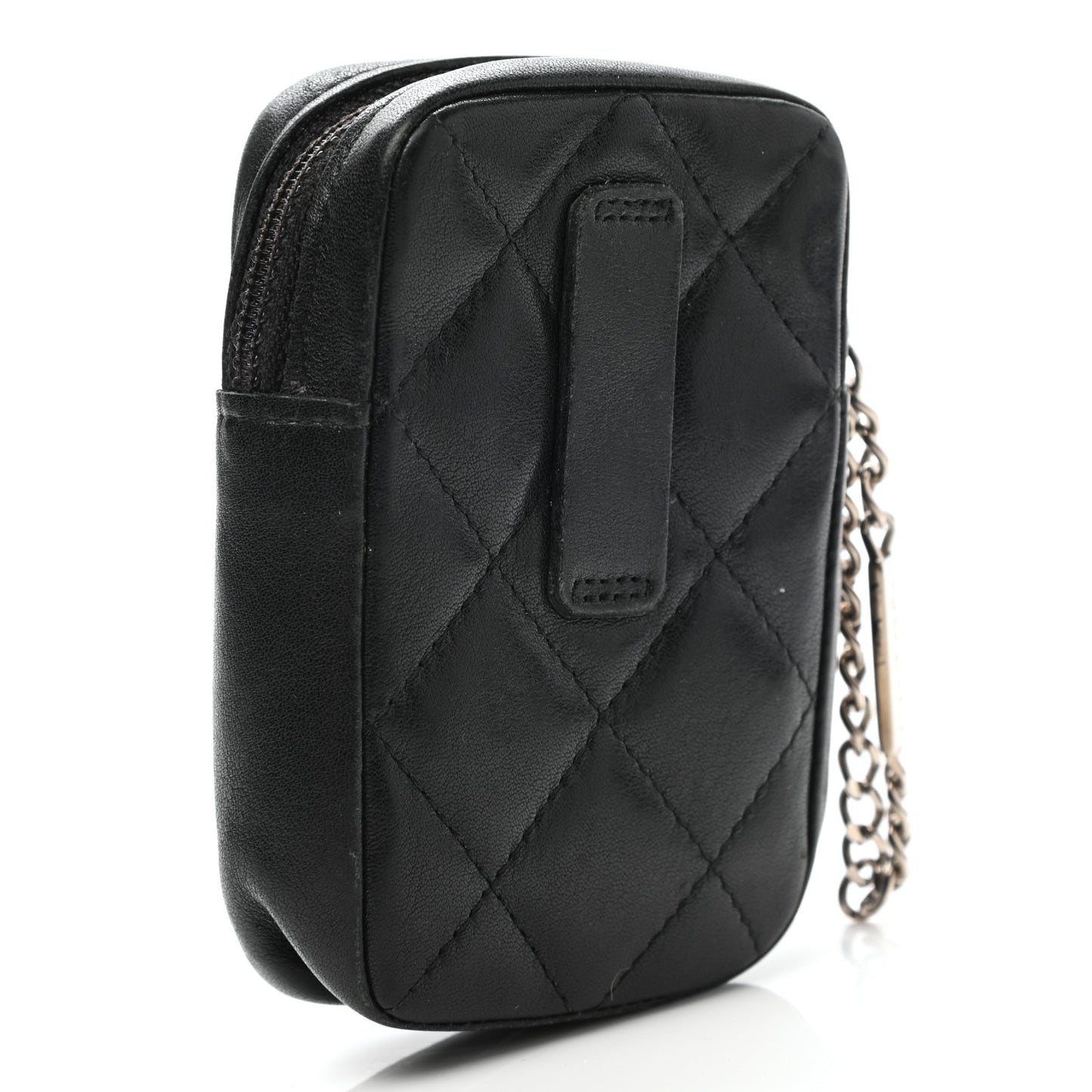 Calfskin Quilted Cambon Zip Around Cosmetic Pouch Black