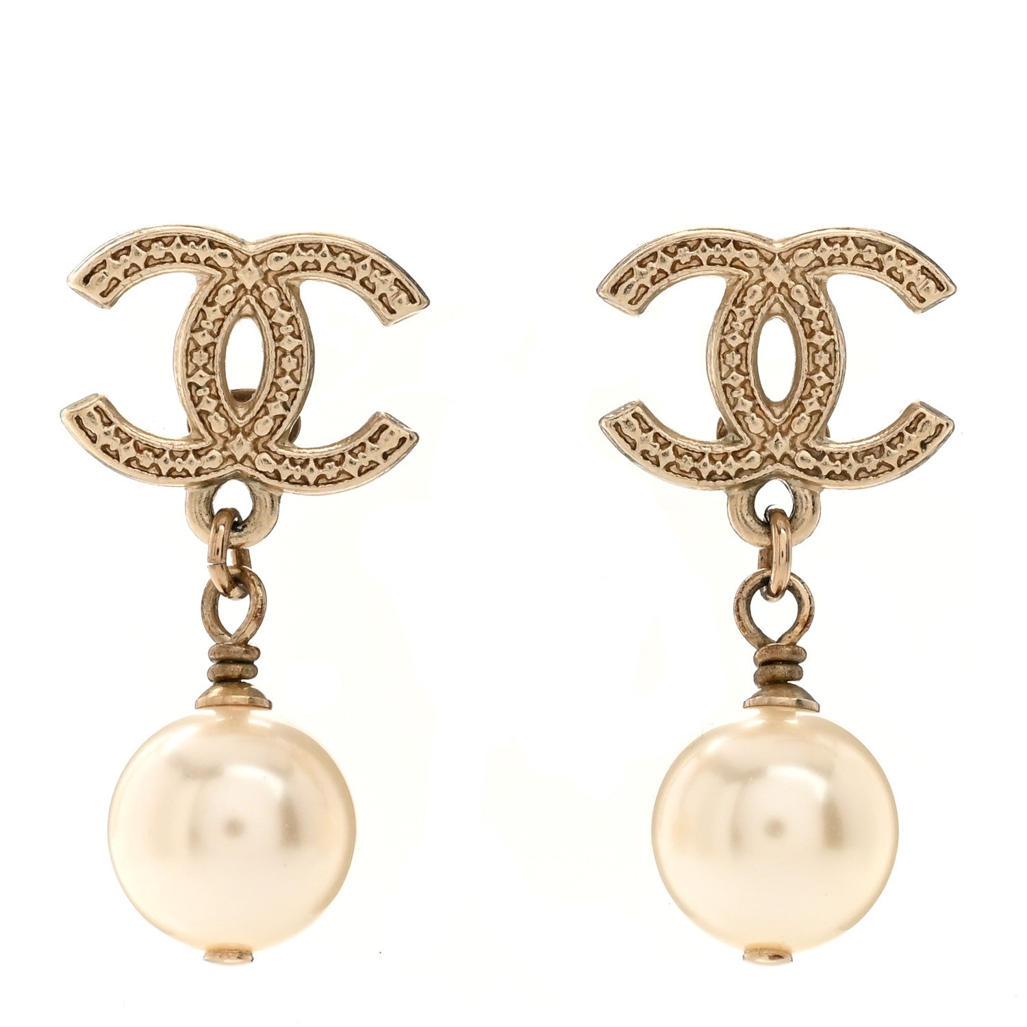 Chanel Crystal Pearl CC Drop Earrings Light Gold 1 of 5