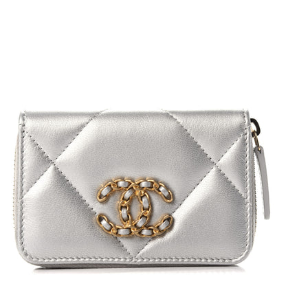 Chanel Metallic Goatskin Quilted 19 Zip Around Coin Purse Wallet Silver 1 of 8