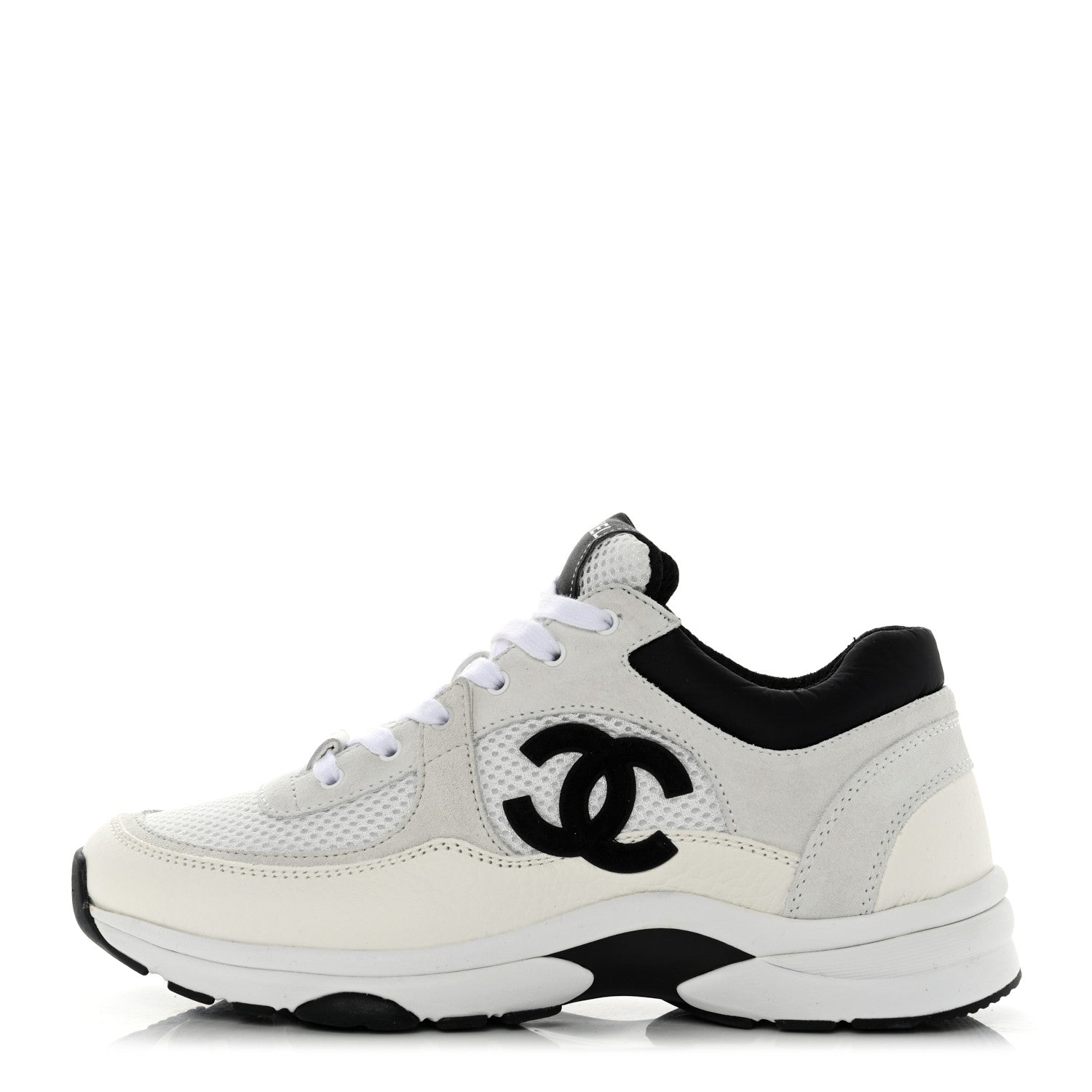 Chanel Mesh Suede Calfskin Grained Calfskin Womens CC Sneakers 38.5 White Black 1 of 9