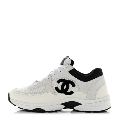 Chanel Mesh Suede Calfskin Grained Calfskin Womens CC Sneakers 38.5 White Black 1 of 9