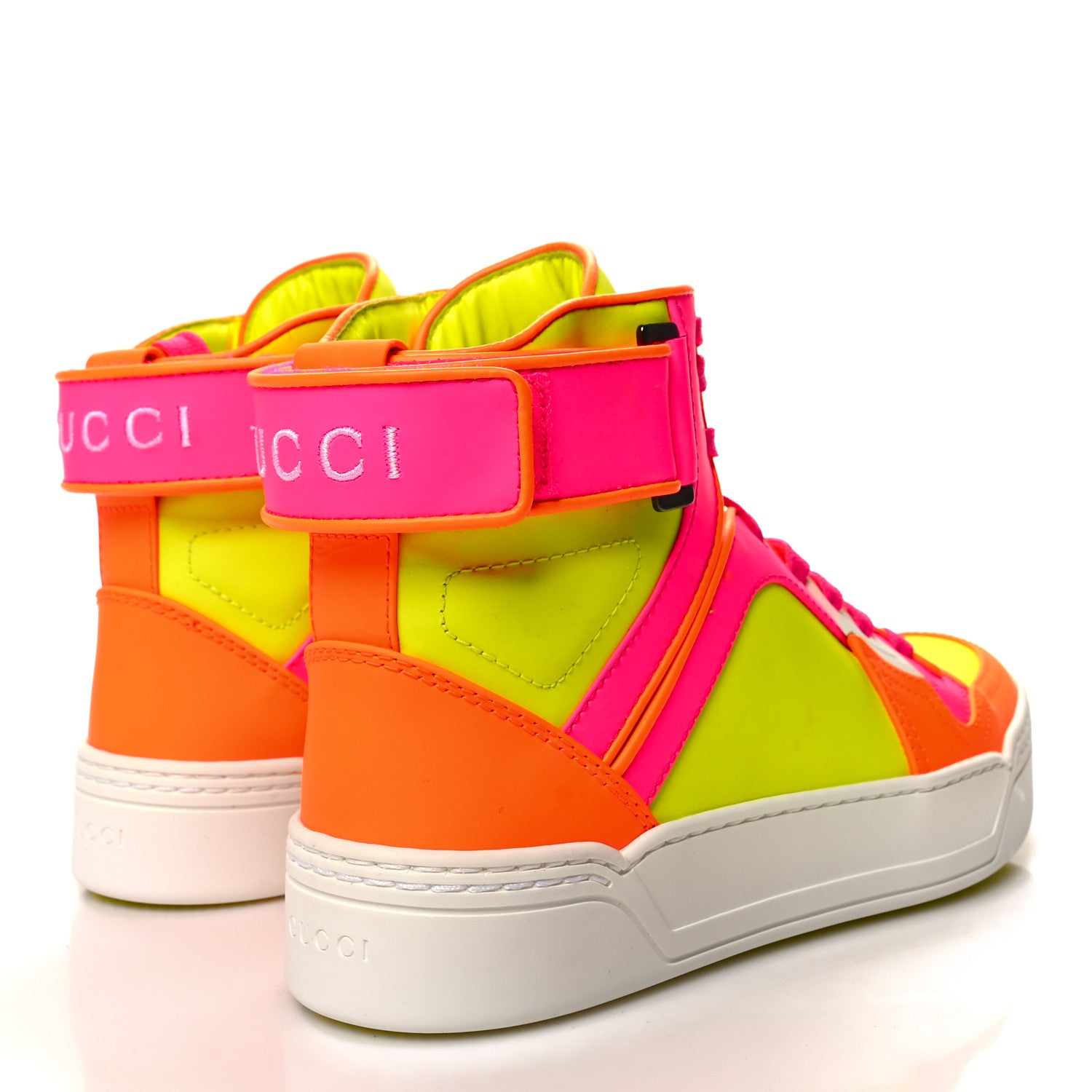 Gucci Calfskin Womens Neon High Top Sneakers 36 White Neon Yellow Pink Orange 4 of 8