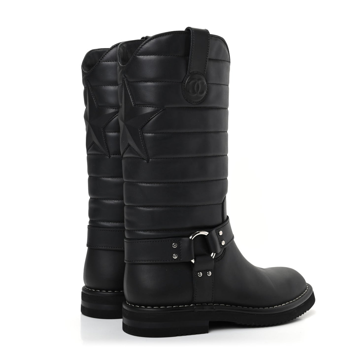 Oily Calfskin Star Quilted Biker Boots 36.5 Black