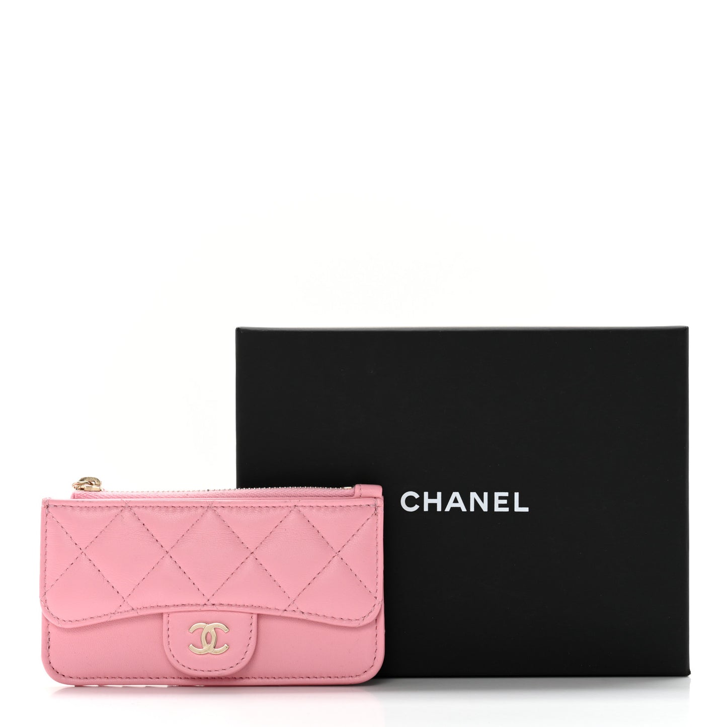 Lambskin Quilted Flap Zip Card Holder Pink