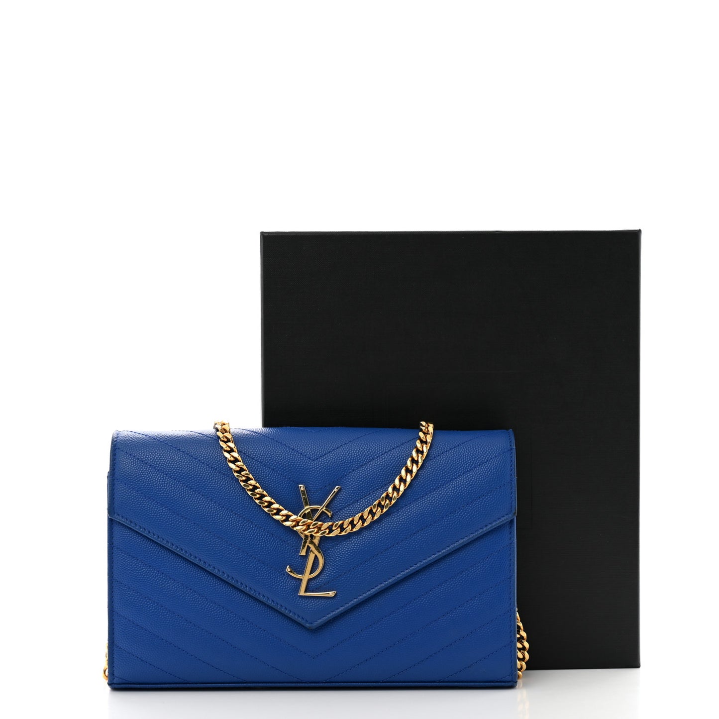Grain De Poudre Matelasse Chevron Monogram Chain Wallet Blue Majorelle