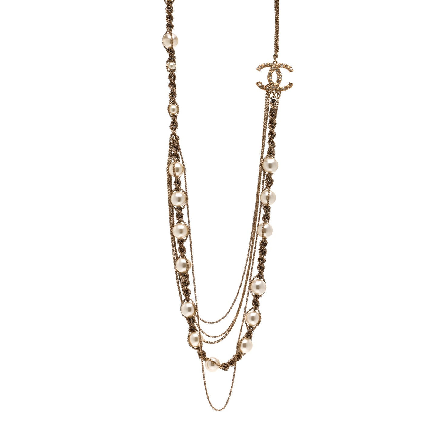 Pearl Chain CC Long Multistrand Necklace Gold
