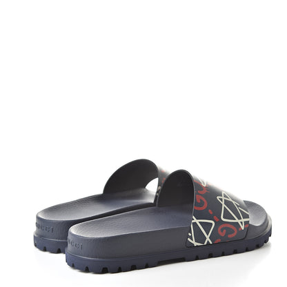 Gucci Calfskin Rubber GucciGhost Mens Lug Sole Slide Sandals 7 Blue Agata Hibiscus Red 4 of 8