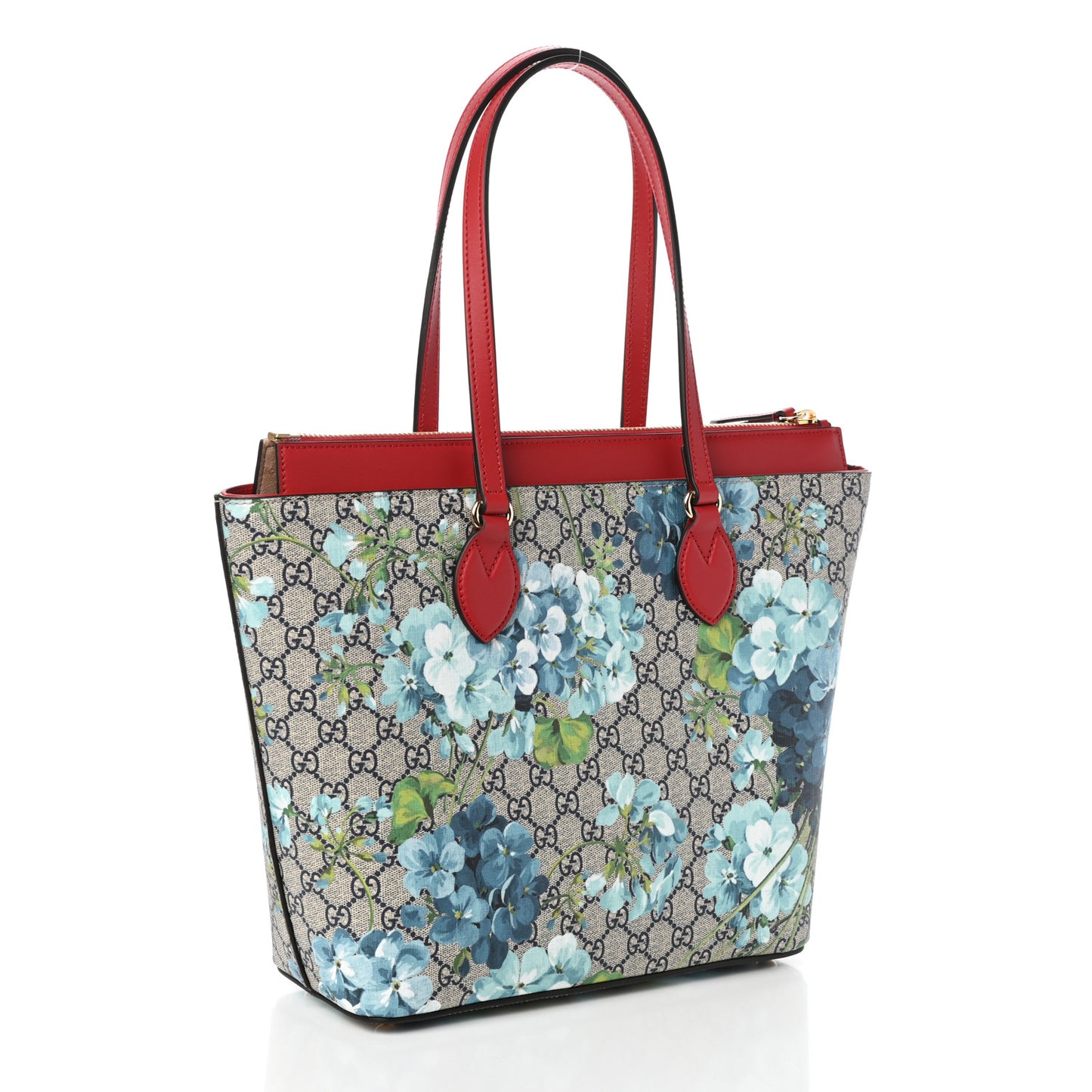 GG Supreme Monogram Blooms Medium Zippered Bucket Tote Beige Blue Navy Hibiscus Red
