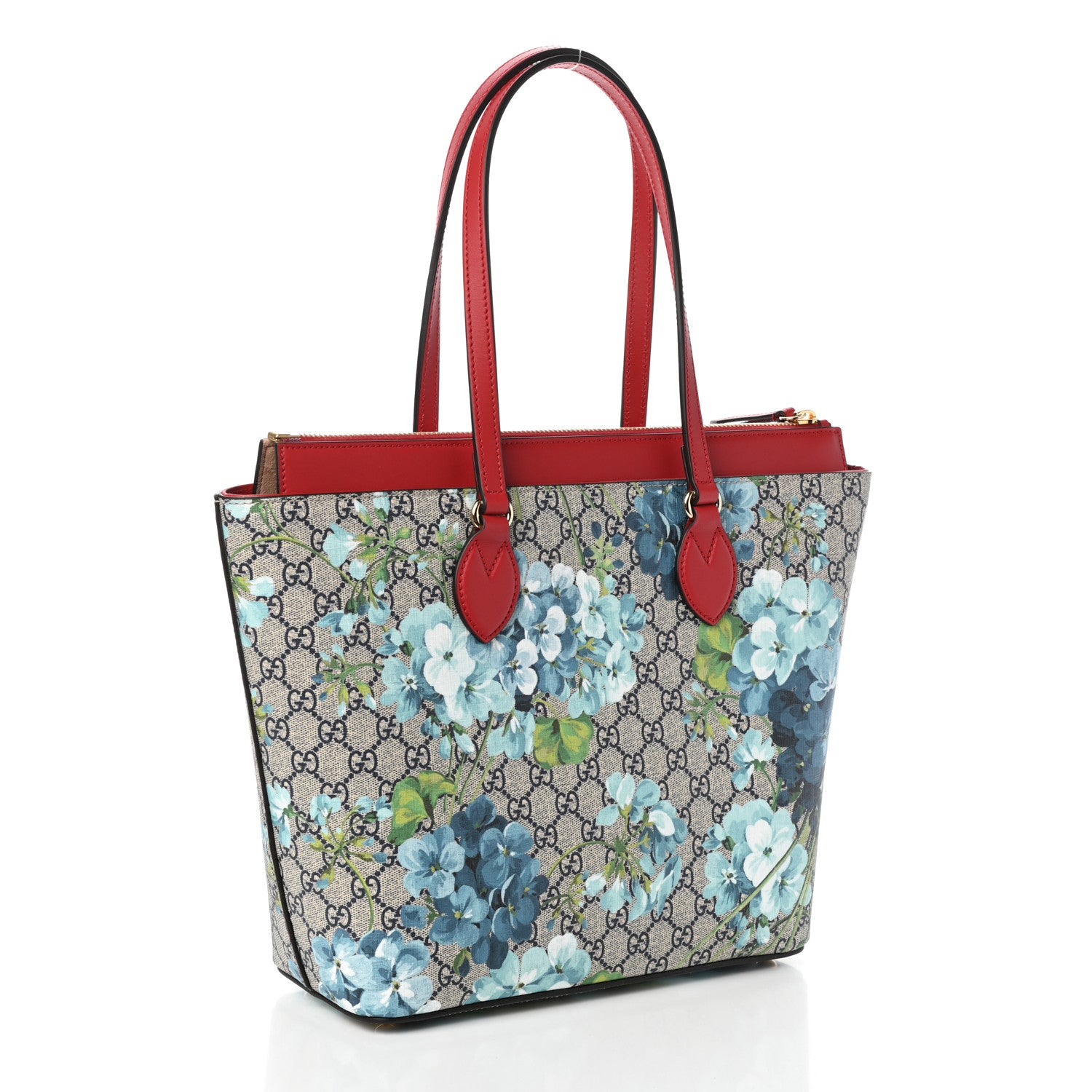 Gucci GG Supreme Monogram Blooms Medium Zippered Bucket Tote Beige Blue Navy Hibiscus Red 3 of 9