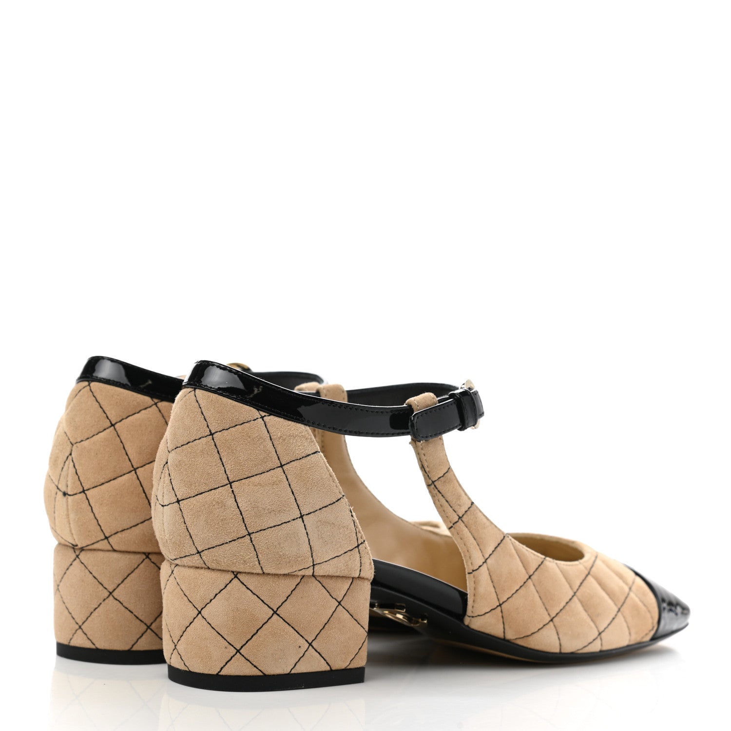 Chanel Suede Kidskin Patent Cap Toe Quilted Mary Jane Flats 38 Beige Black 4 of 8