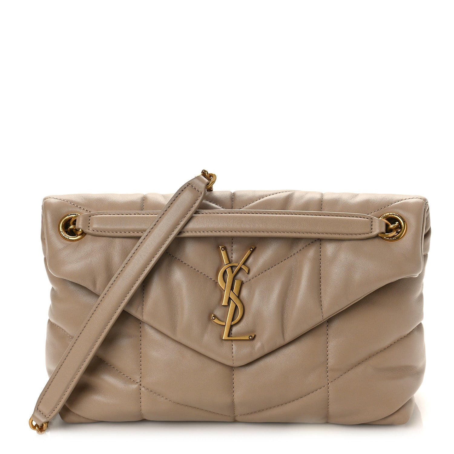 Saint Laurent Lambskin Quilted Small Loulou Puffer Monogram Chain Satchel Dark Beige 1 of 8