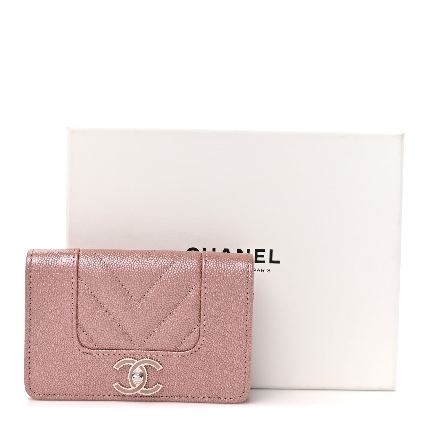 Metallic Caviar Chevron Quilted Vintage Mademoiselle Flap Card Holder Pink