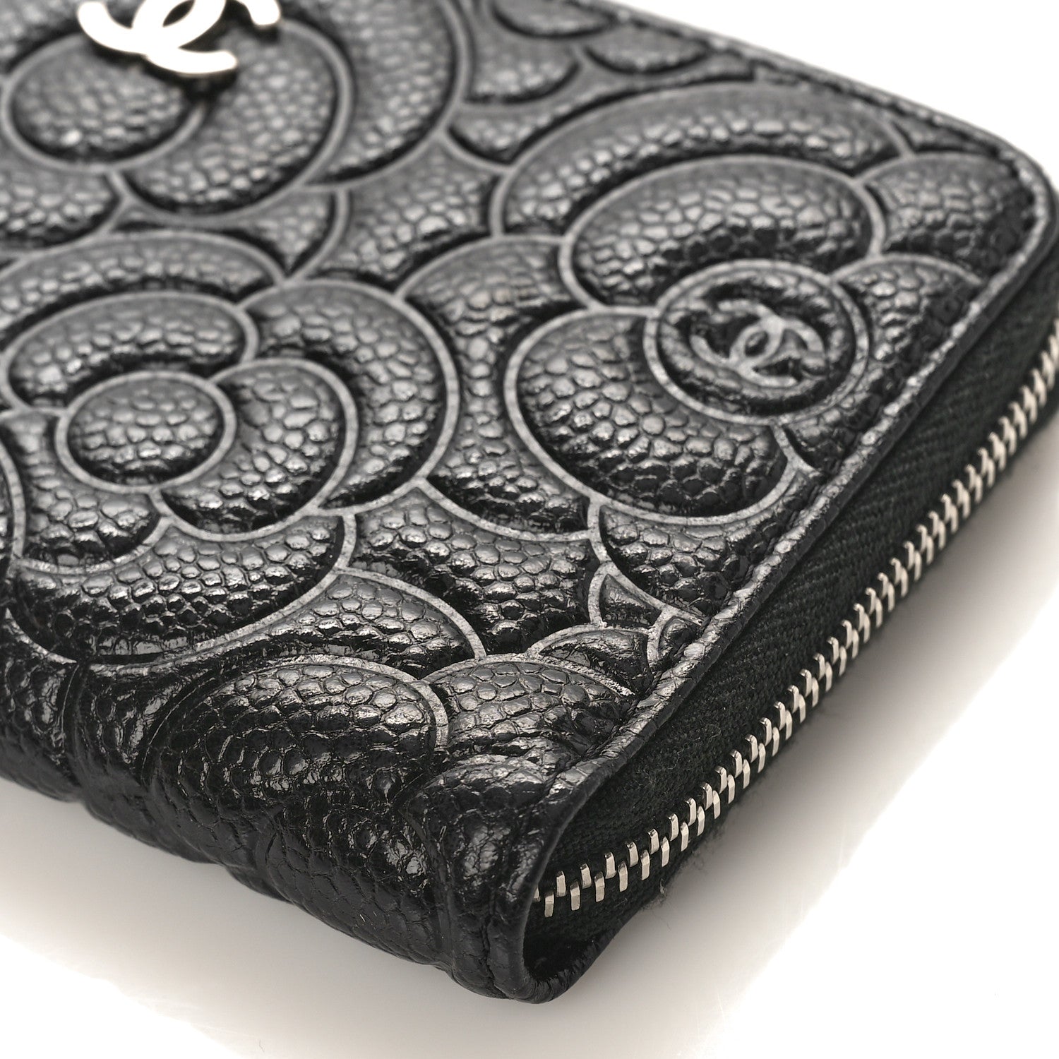 Chanel Caviar Camellia Embossed Large Zip Around Gusset Wallet Black 9 of 9