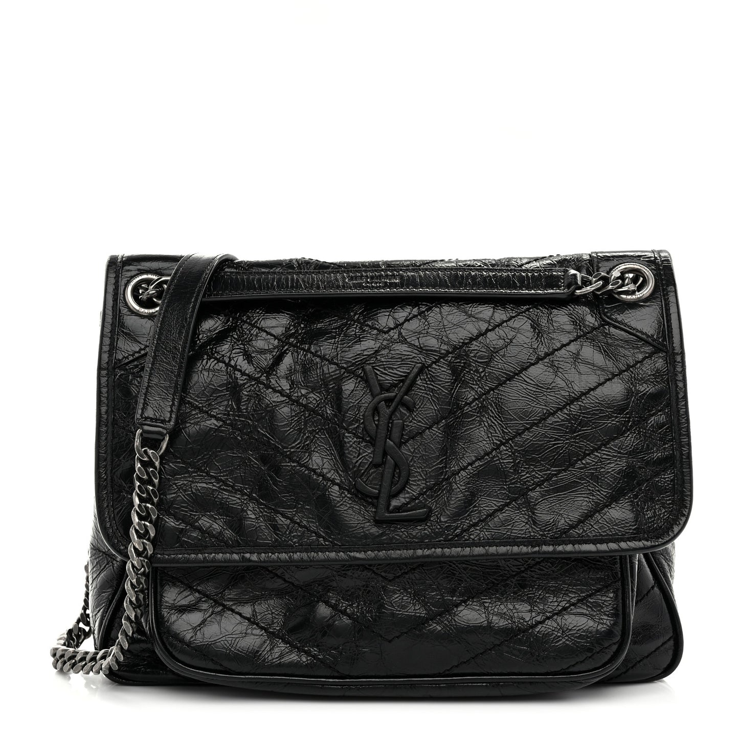 Crinkled Calfskin Matelasse Monogram Medium Niki Chain Satchel Black