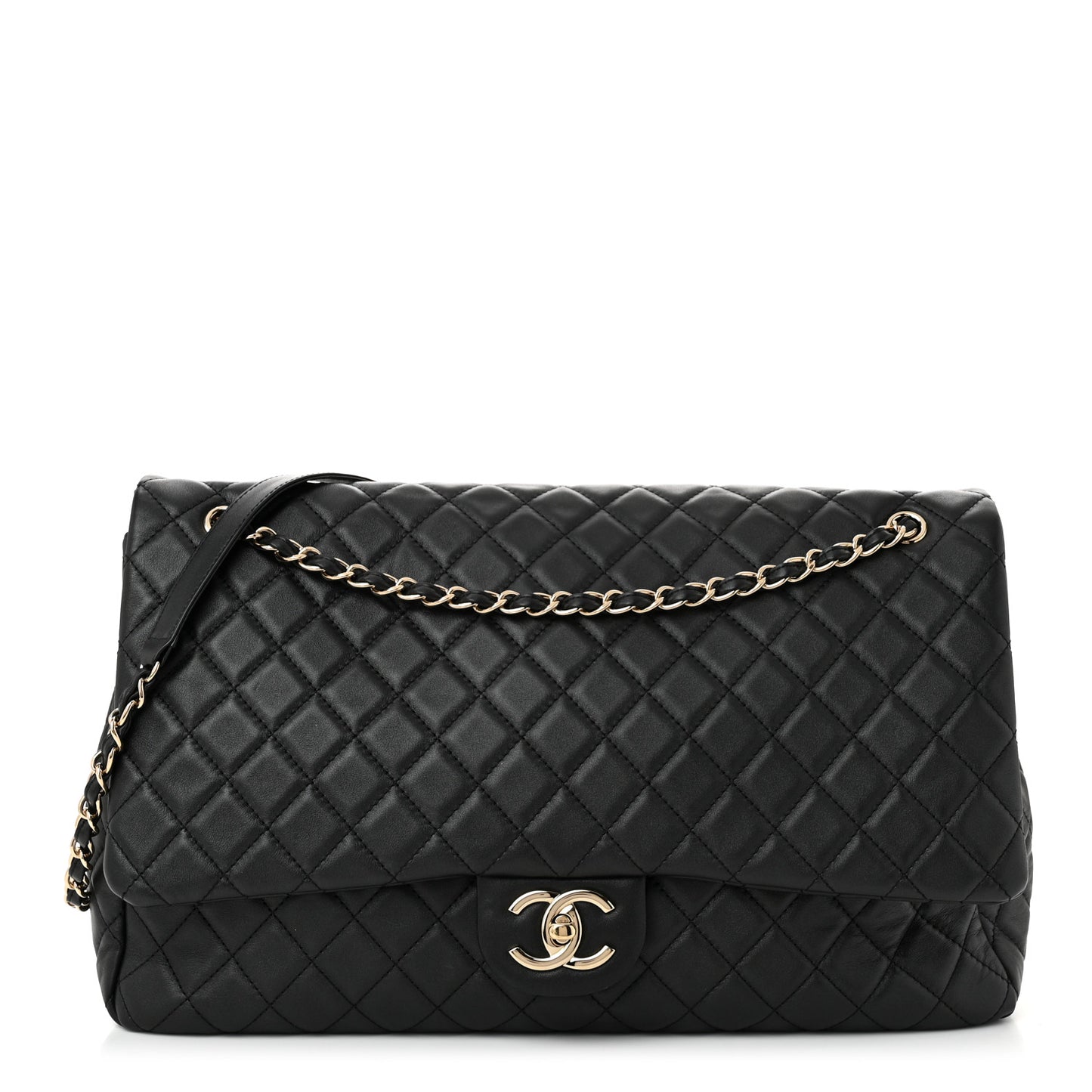 Calfskin Quilted XXL Travel Flap Bag Black