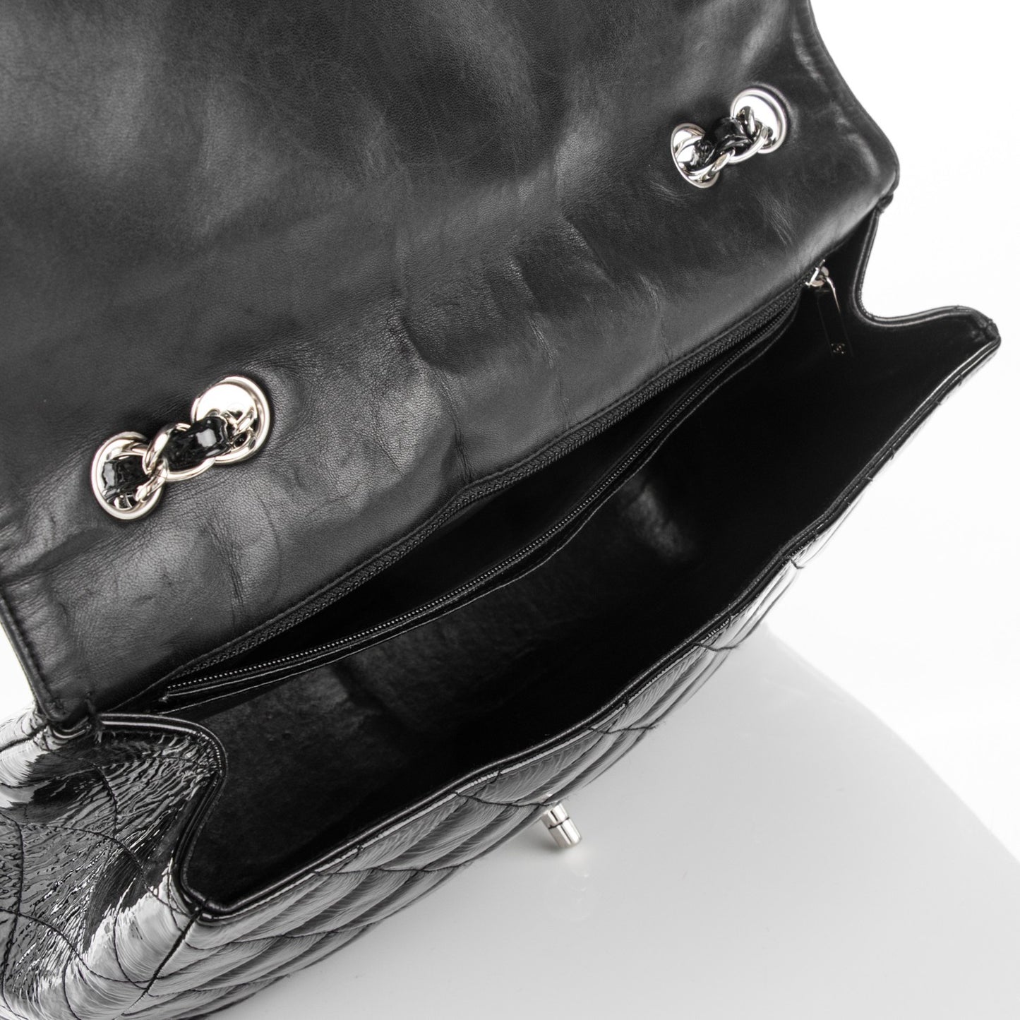 Distressed Patent Quilted Jumbo Single Flap Black