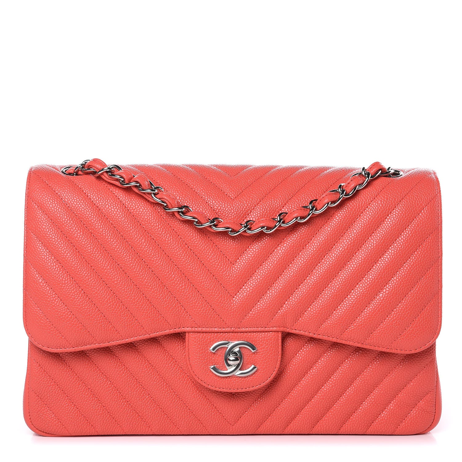 Chanel Caviar Chevron Quilted Jumbo Double Flap Coral 1 of 9