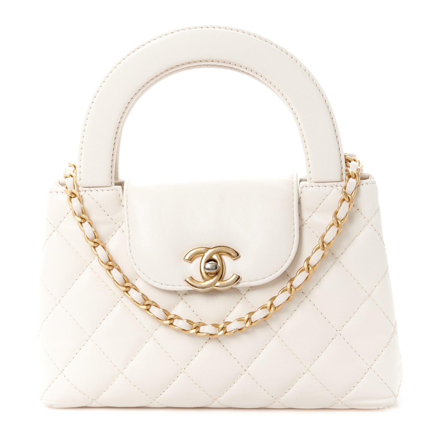 Shiny Aged Calfskin Quilted Nano Kelly Shopper White