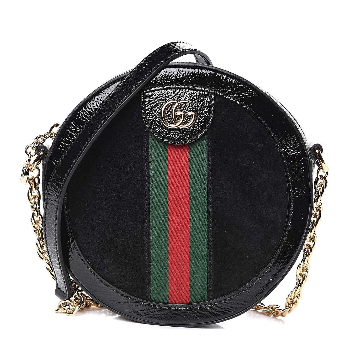 Suede Patent Web Mini Ophidia Round Shoulder Bag Black