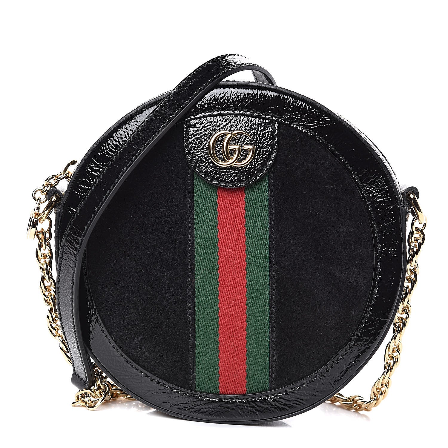 Gucci Suede Patent Web Mini Ophidia Round Shoulder Bag Black 1 of 10