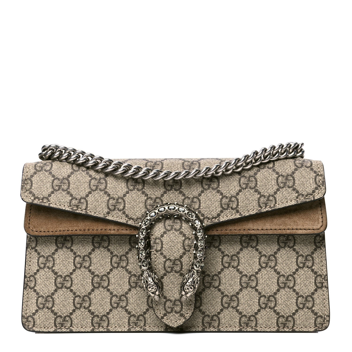 Gucci GG Supreme Monogram Suede Crystal Small Dionysus Shoulder Bag Beige Ebony Taupe 1 of 4