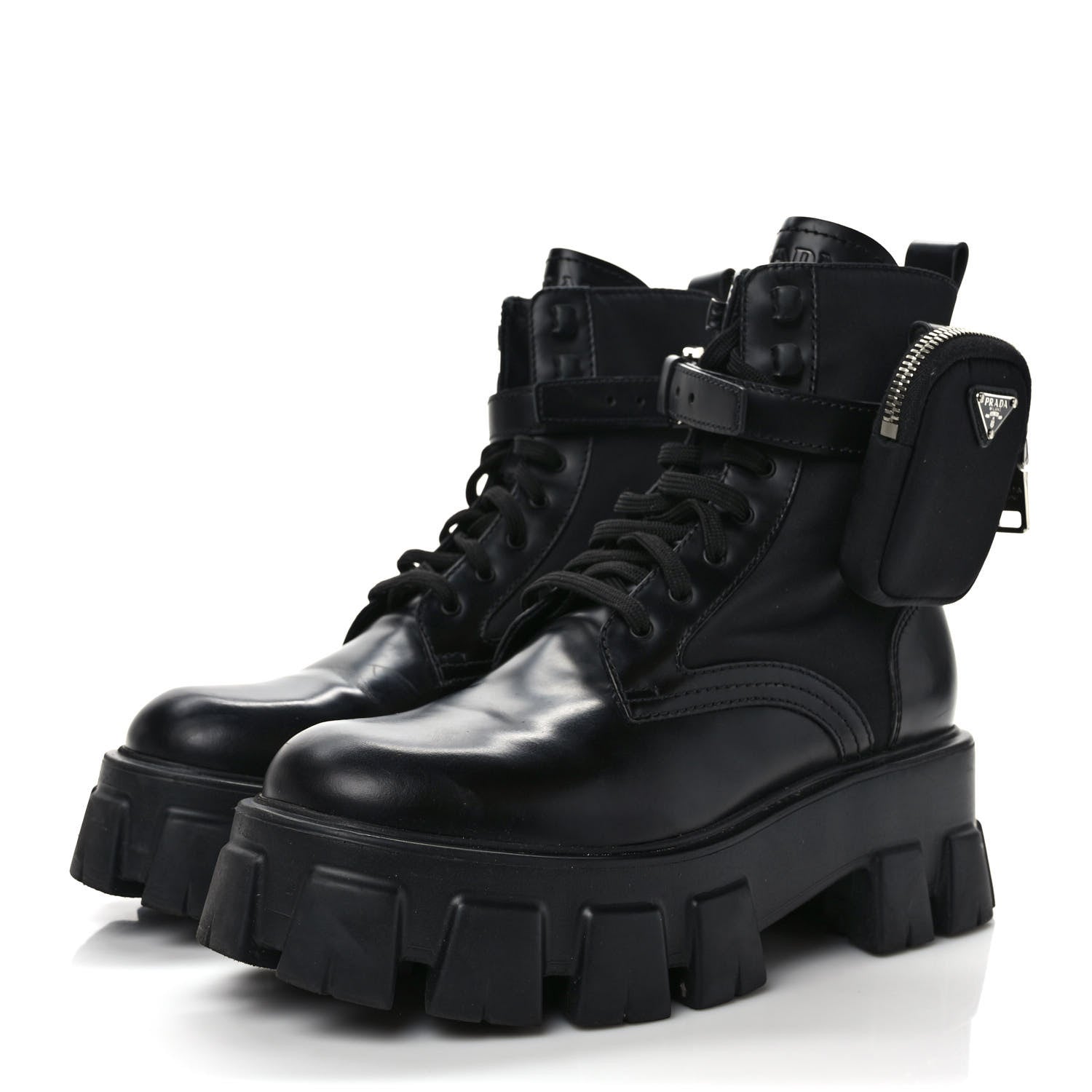 Prada Spazzolato Rois Nylon Metal Triangle Logo Monolith Pouch Pocket 55mm Boots 39 Black 3 of 8