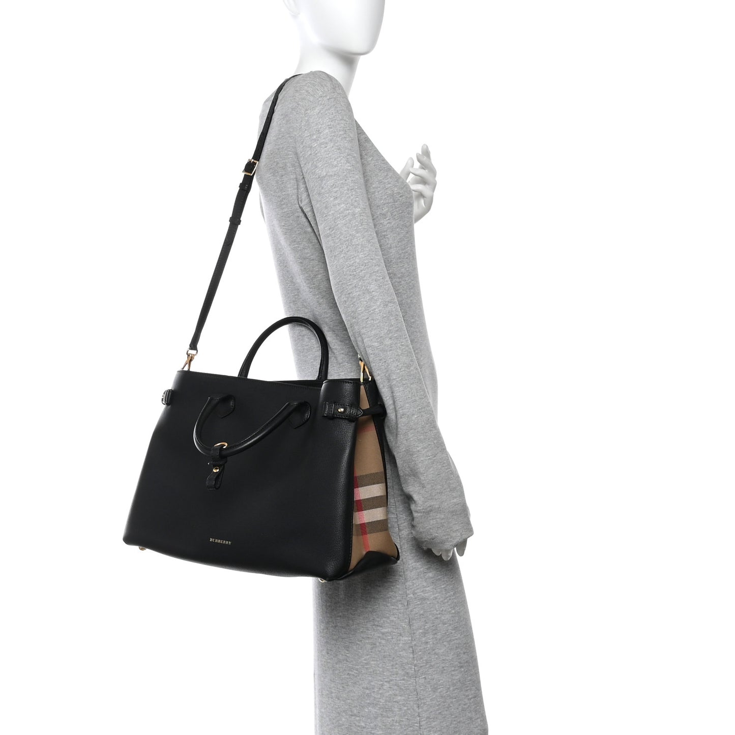 Grainy Calfskin House Check Large Banner Tote Black