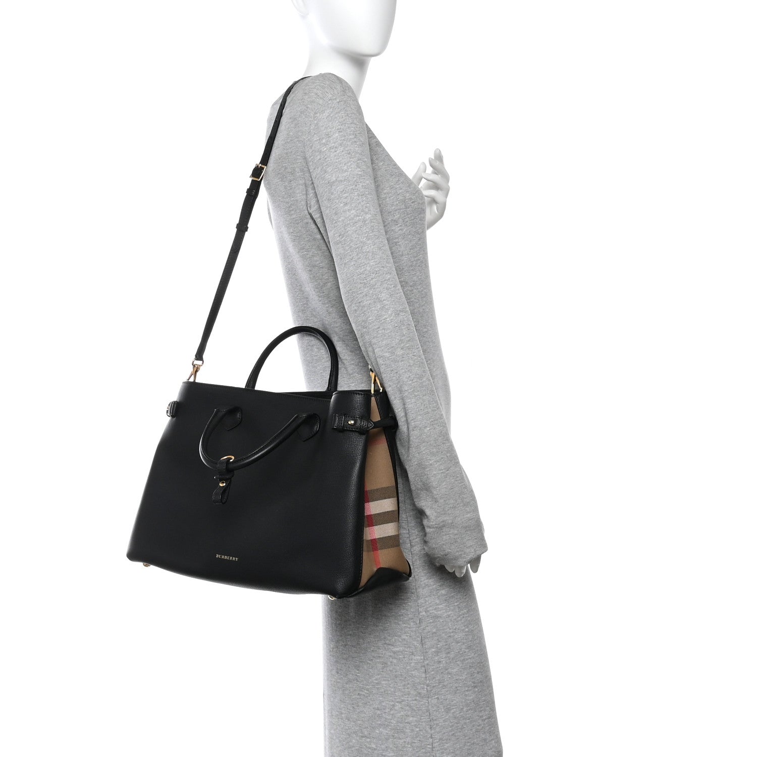 Burberry Grainy Calfskin House Check Large Banner Tote Black 2 of 15