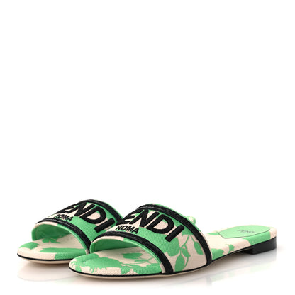 Fendi Canvas Floral Print Logo Flat Slide Sandals 39.5 Green 4 of 10