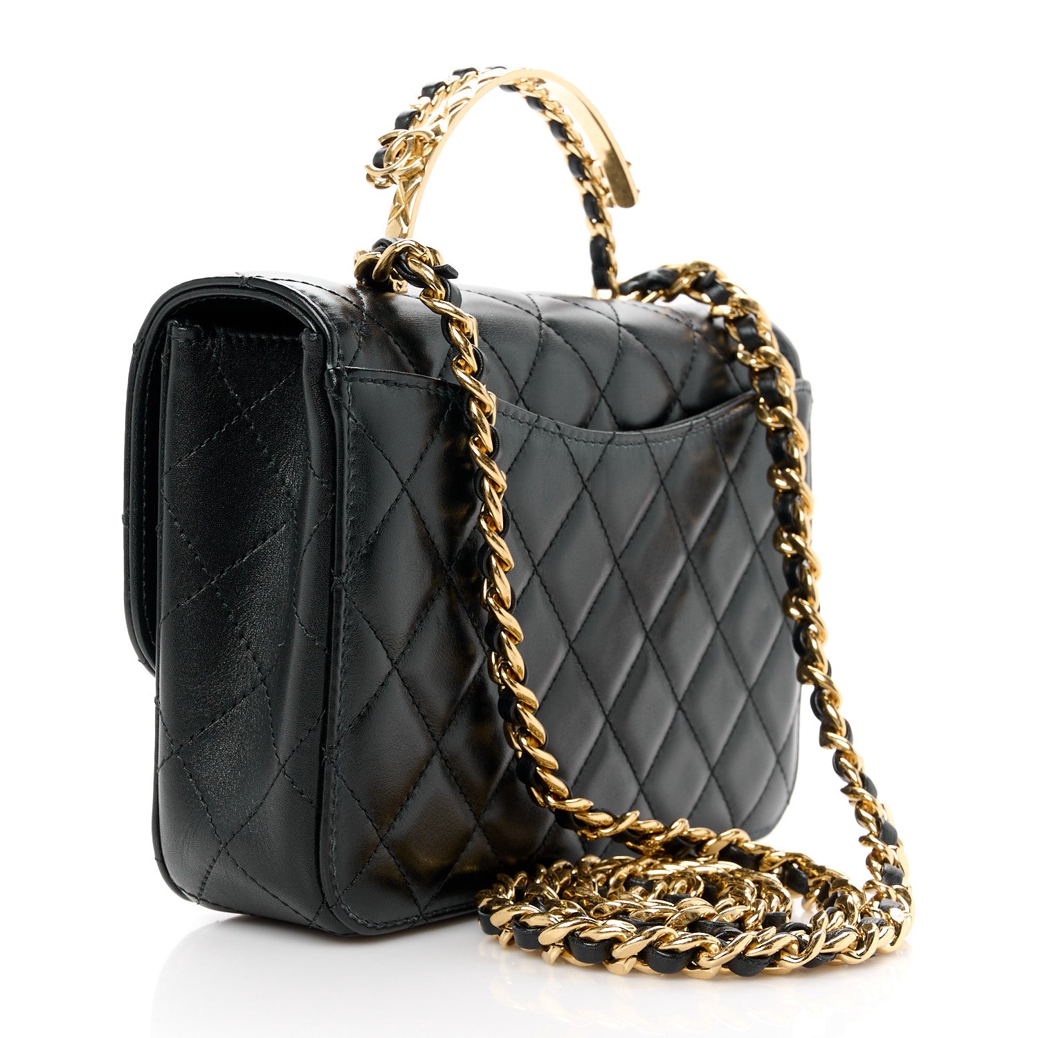 Chanel Shiny Calfskin Quilted Small Metal Chain Top Handle Flap Black 3 of 11
