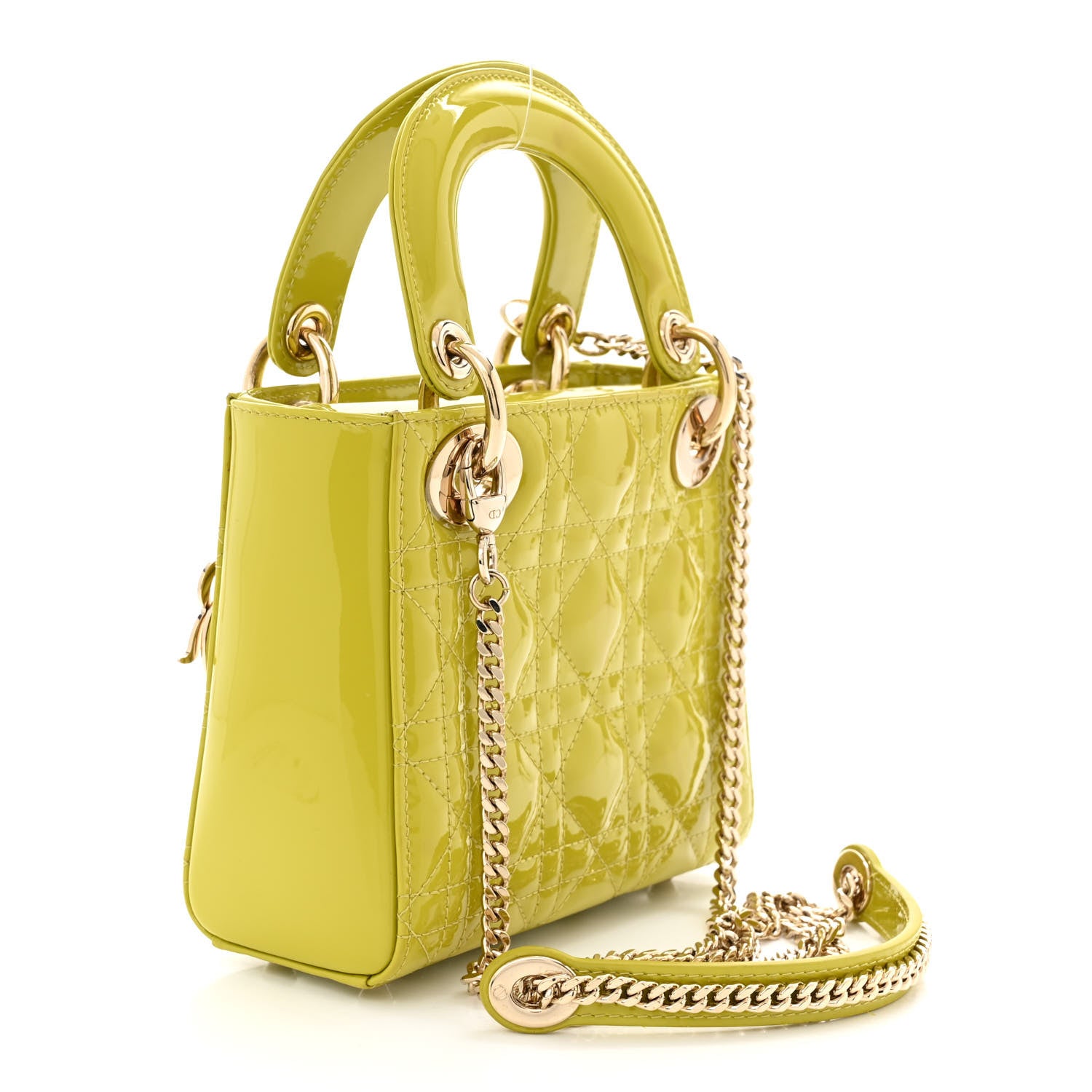 美品 ディオール Lady Dior iPhone 14Pro イエロー CHRISTIAN DIOR Lady Dior Mini Metallic Leather Shoulder Bag Neon Yello