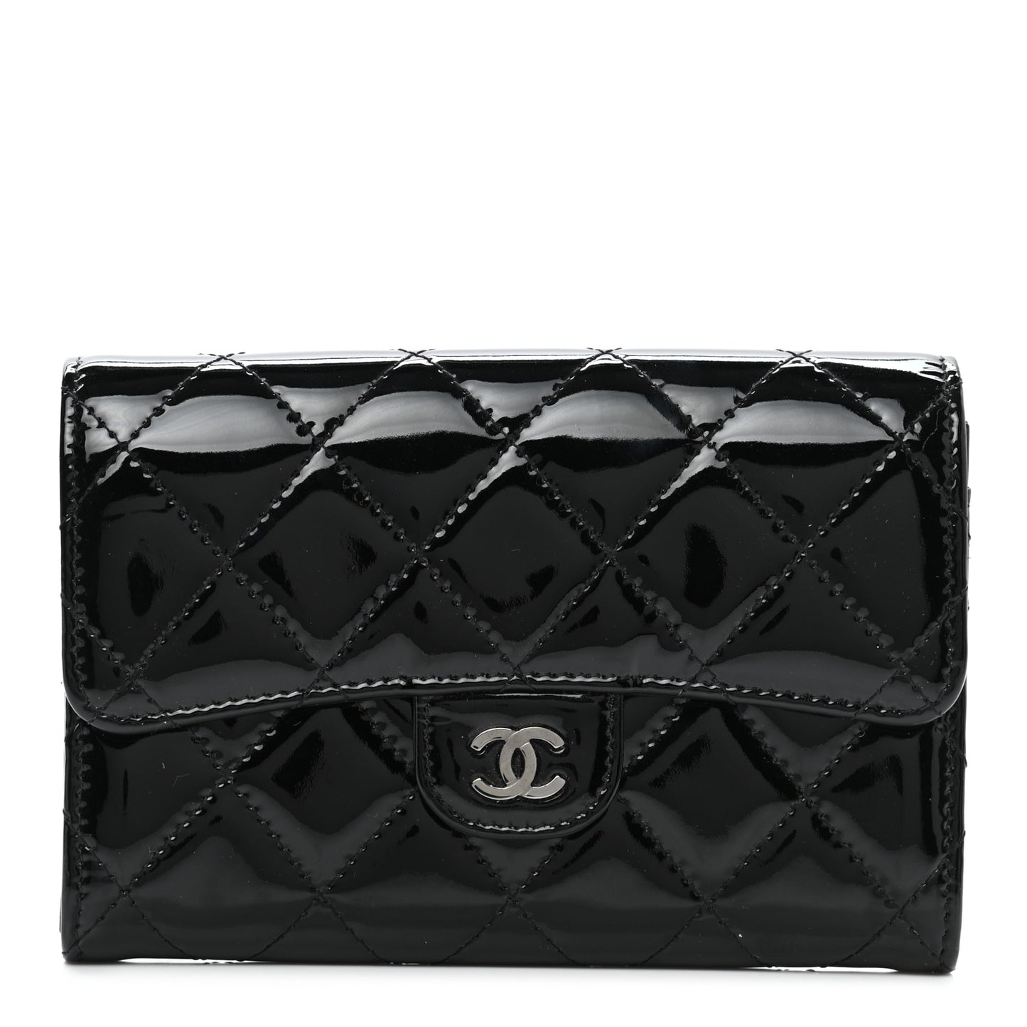 Patent Calfskin Quilted Small Flap Wallet Black
