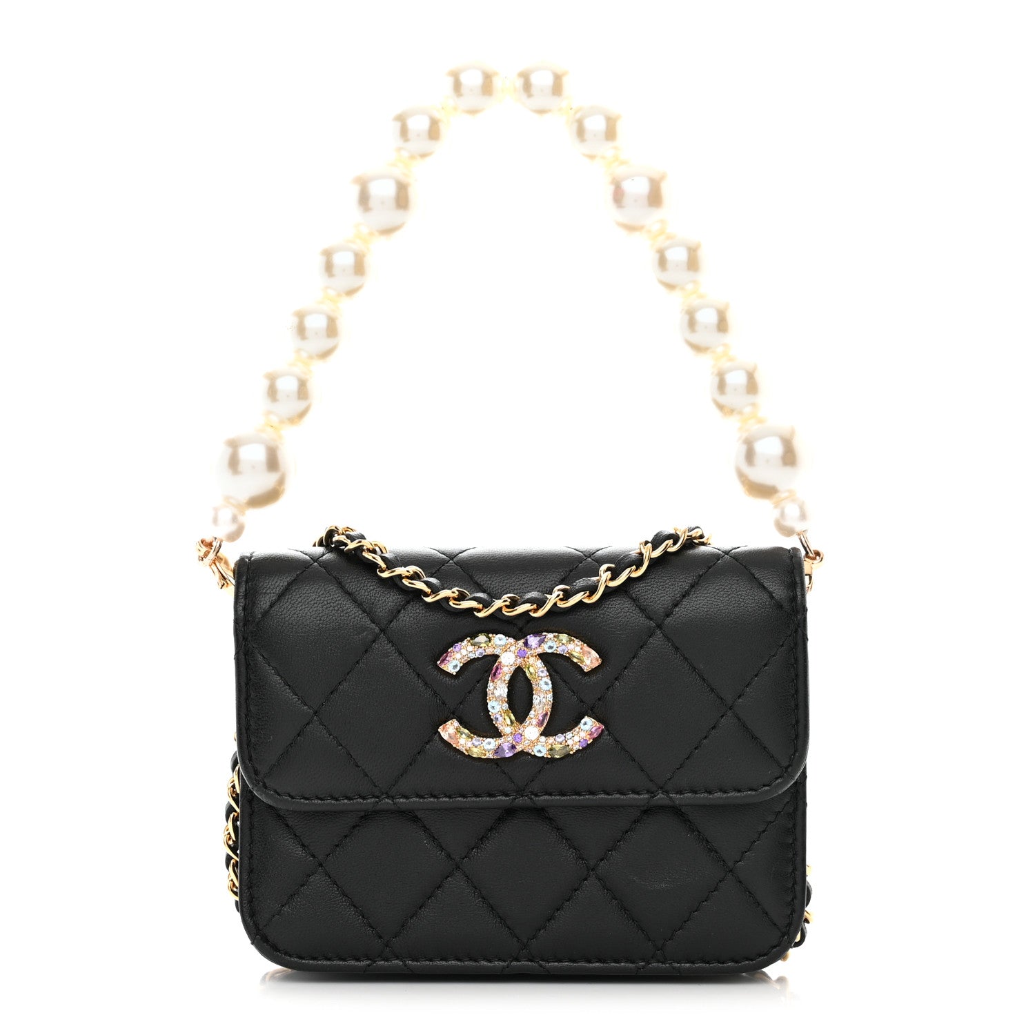 Chanel Lambskin Quilted Zirconium Pearl Card Holder Flap With Chain Black 1 of 11