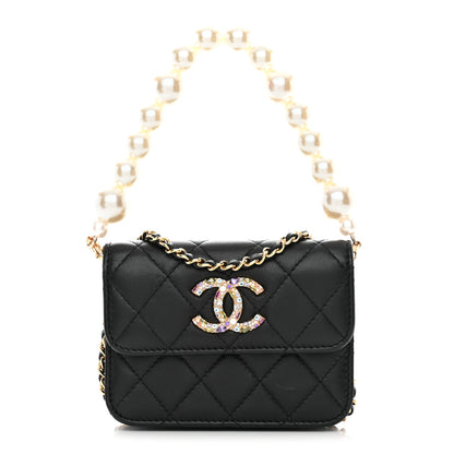 Chanel Lambskin Quilted Zirconium Pearl Card Holder Flap With Chain Black 1 of 11