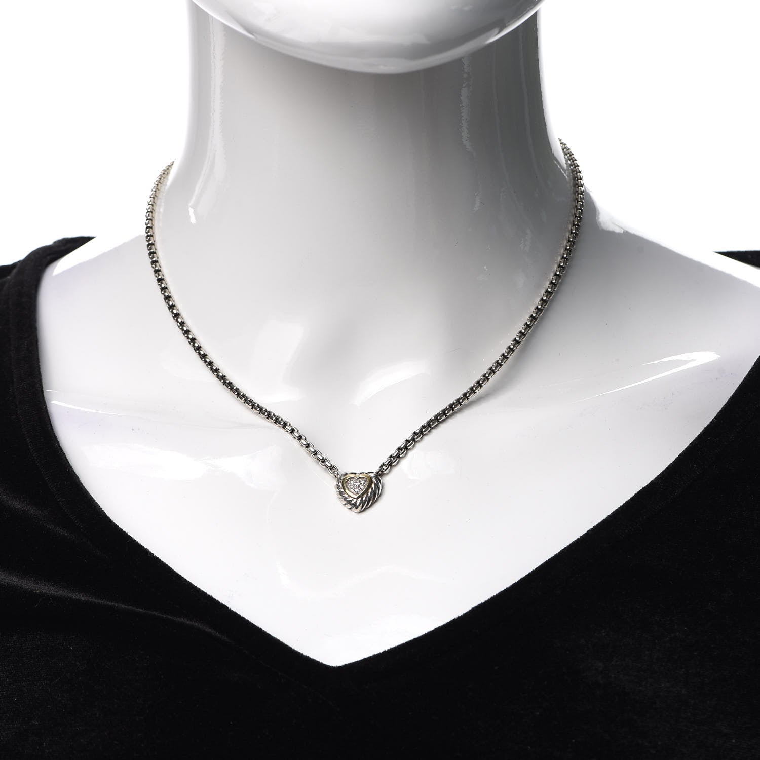 David Yurman Sterling Silver 18K Yellow Gold Diamond Pave Cable Heart Pendant Necklace 2 of 5