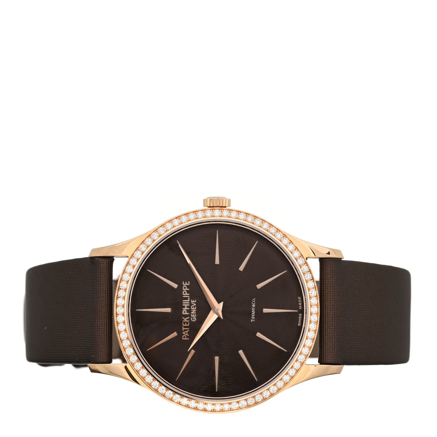 18K Rose Gold Satin Diamond Bezel 33mm Calatrava Manual Winding Watch Brown 4897R-001