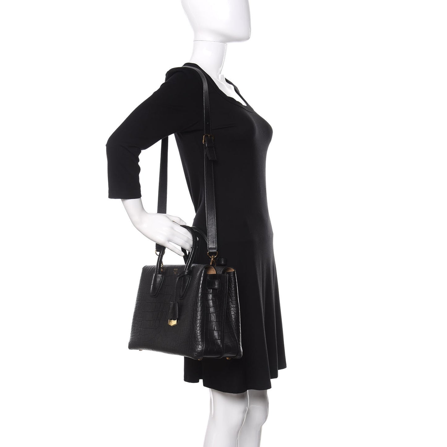 Calfskin Crocodile Embossed Medium Milla Tote Black