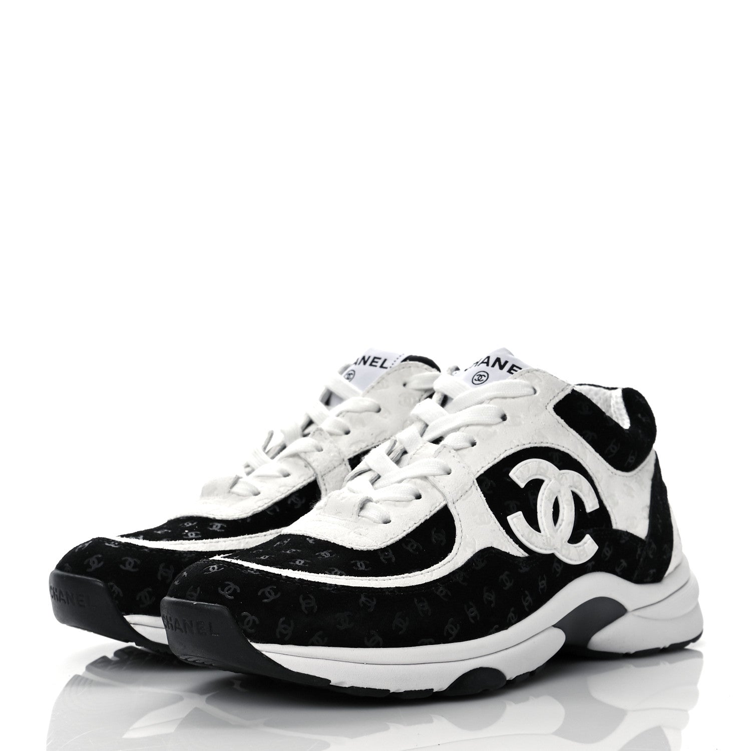 Chanel Suede Calfskin Womens CC Printed Sneakers 38 Black White 3 of 8