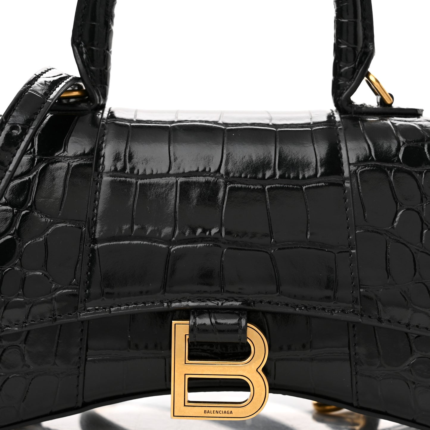Shiny Calfskin Crocodile Embossed Hourglass Top Handle Bag XS Black