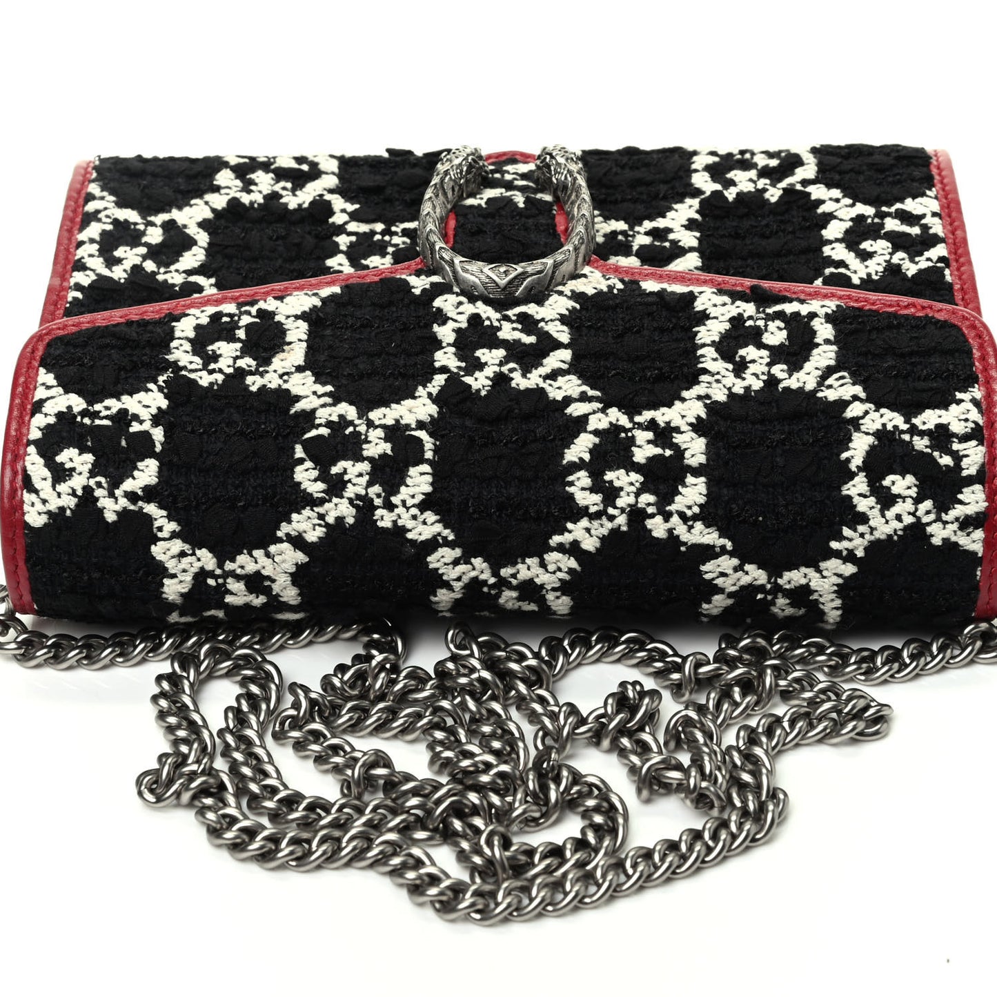 Tweed GG Monogram Mini Dionysus Chain Wallet Black White Romantic Cherry