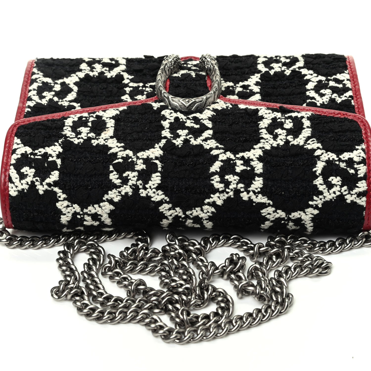 Gucci Tweed GG Monogram Mini Dionysus Chain Wallet Black White Romantic Cherry 8 of 8