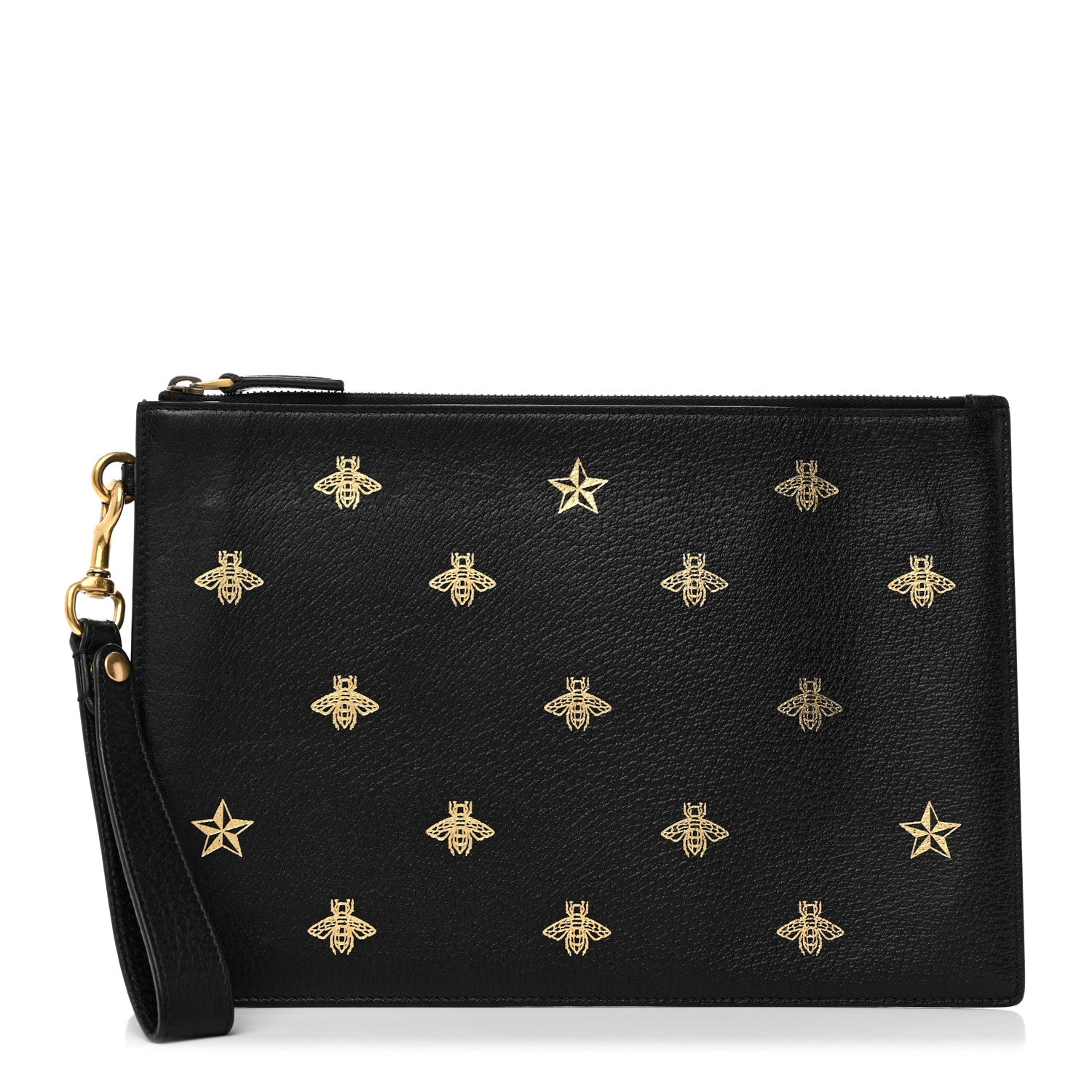 Gucci Dollar Calfskin Boar Effect Bee Star Zip Wristlet Pouch Black 1 of 8