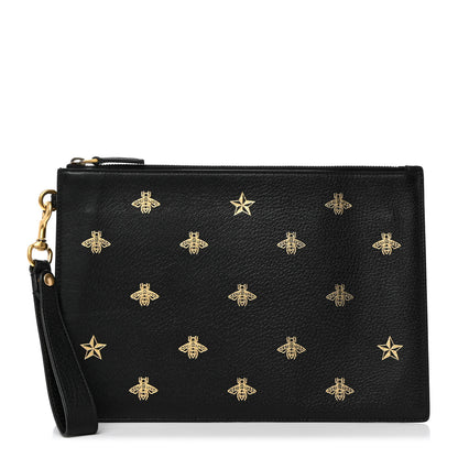 Gucci Dollar Calfskin Boar Effect Bee Star Zip Wristlet Pouch Black 1 of 8