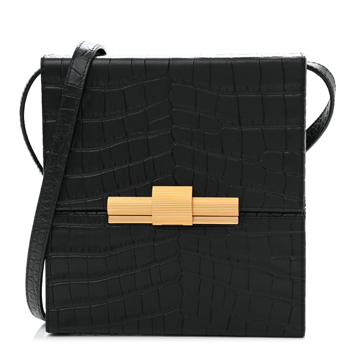 Bottega Veneta Calfskin Crocodile Embossed Daisey Box Clutch Black 1 of 10