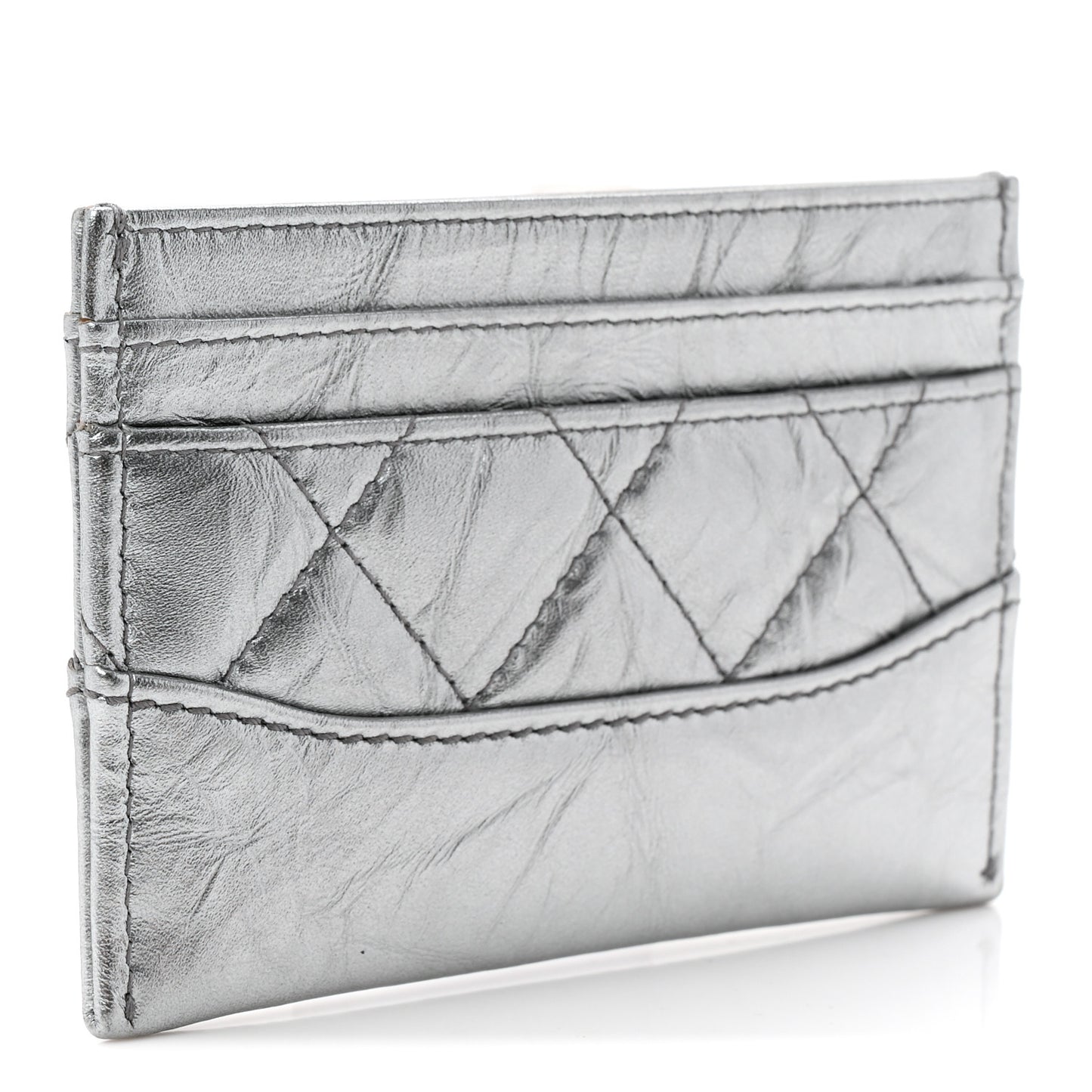Metallic Aged Calfskin Quilted Gabrielle Card Holder Wallet Silver