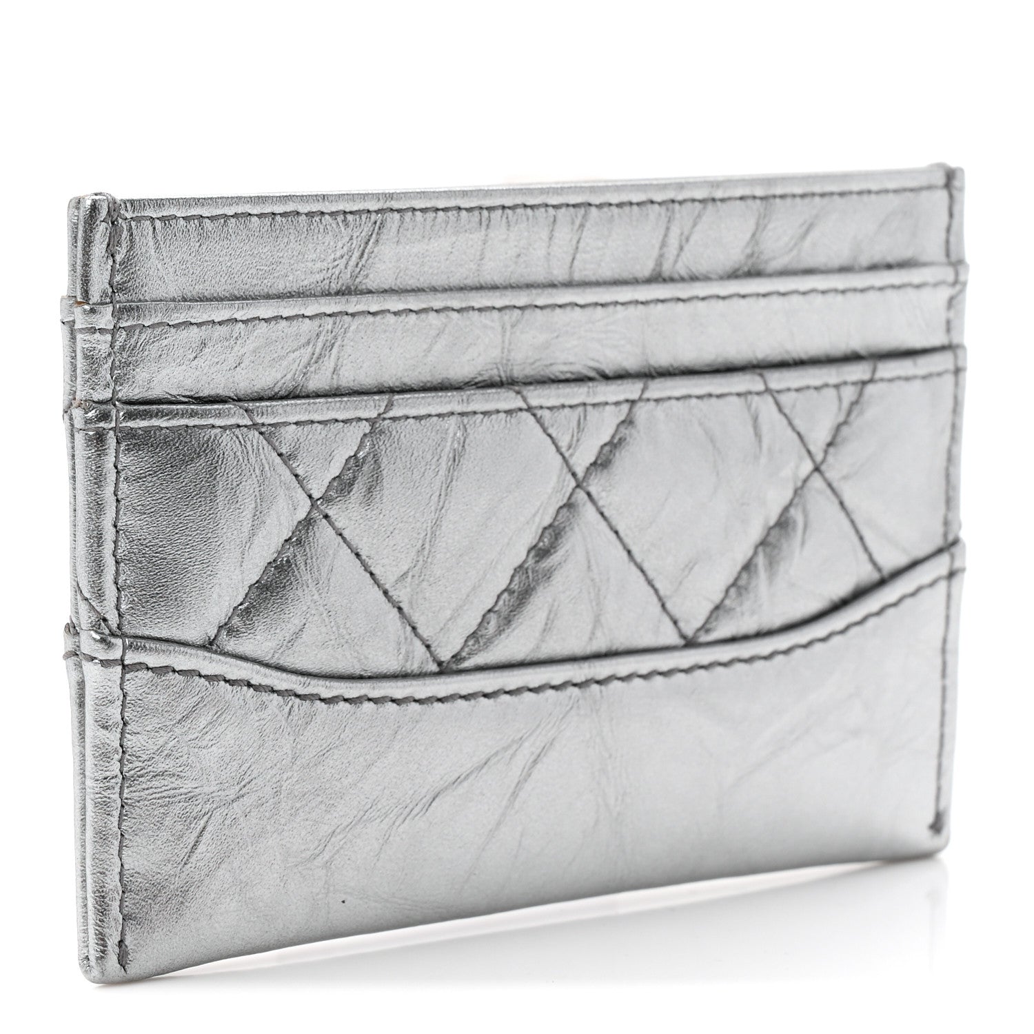 Chanel Metallic Aged Calfskin Quilted Gabrielle Card Holder Wallet Silver 3 of 9