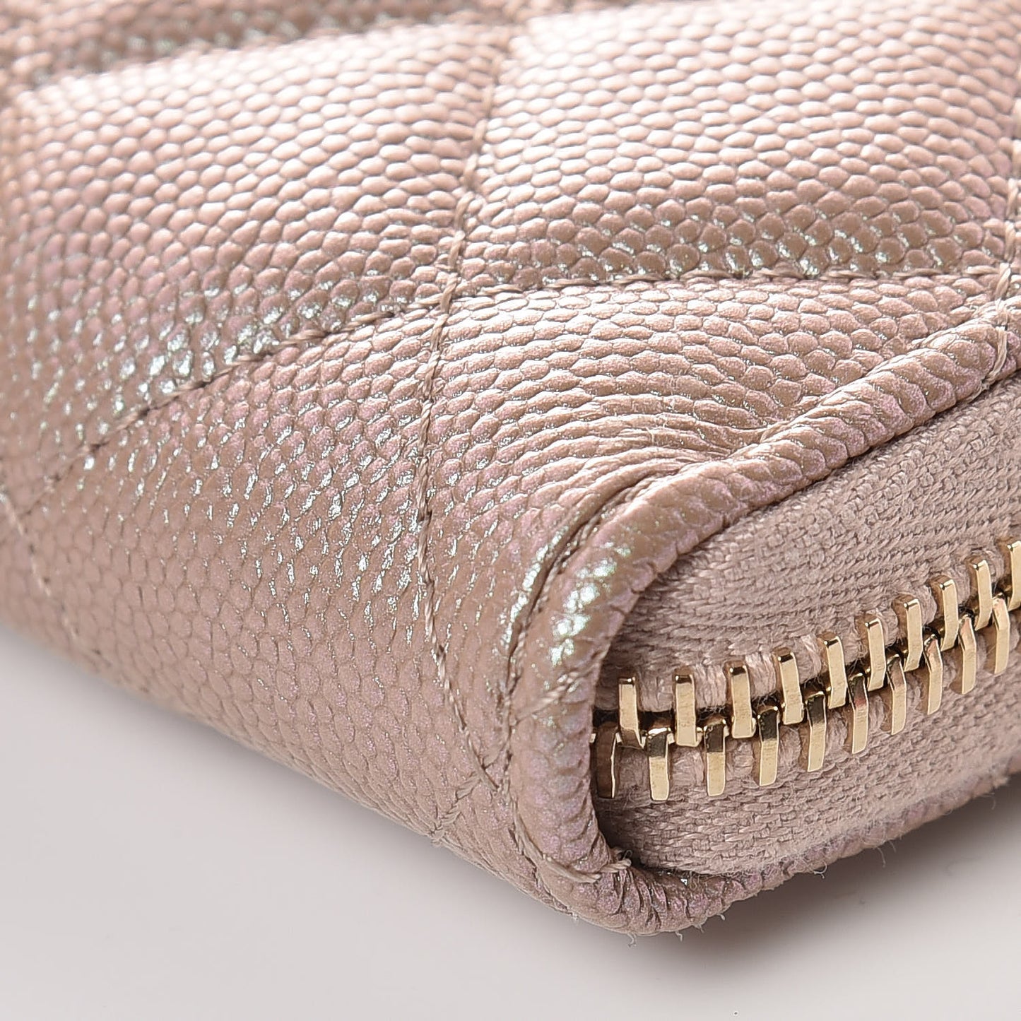 Iridescent Caviar Quilted Long Zip Around Wallet Beige
